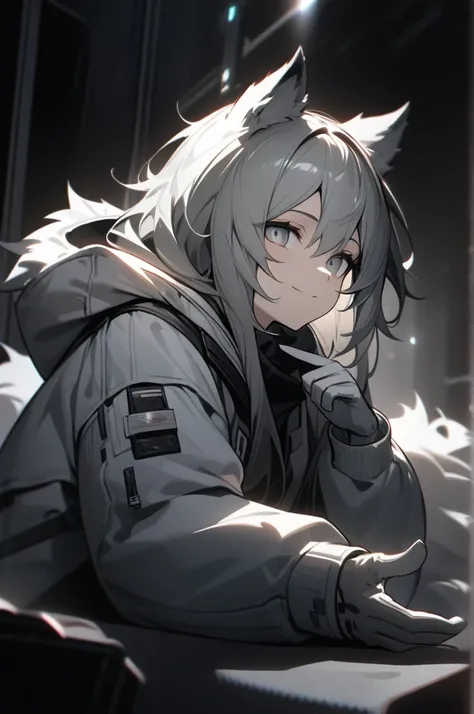 Lapland（arknights）， 1 woman,(masterpiece, best quality:1.1), Fluffy messy hair，Wolf ears，Gray long hair，（Gray Eyes：1.1），（There is a scar on the left eye：1.1），Smile,White jacket, Casual style,Open jacket, belt, a small face、On your belly、(Parka、Finger glove...