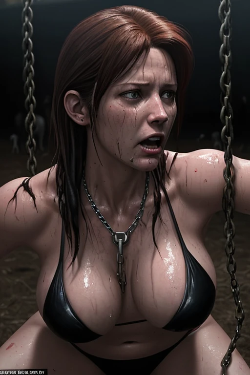 Claire Redfield who is wearing a sexy and seductive bikini bathed in sweat is raped by dozens of black dogs and her hair is bitten by black dogs then her neck is chained using a BDSM dog chain on a farm and she looks very horny while surrounded by many bla...