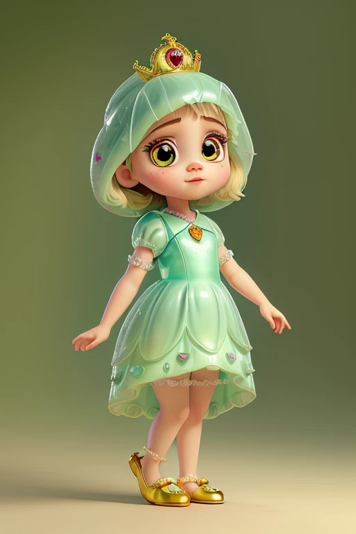 A cute baby girl having big beautiful eyes dressed in a frok like princess wearing large glass slippers. Detailed portrait. Treat to eyes.