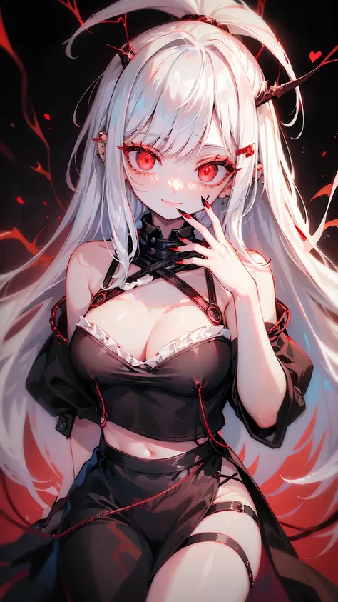 Beautiful young white-haired girl with piercing red eyes, half smile with full lips, black nails, barbed wires everywhere(coiled black barbed wires)