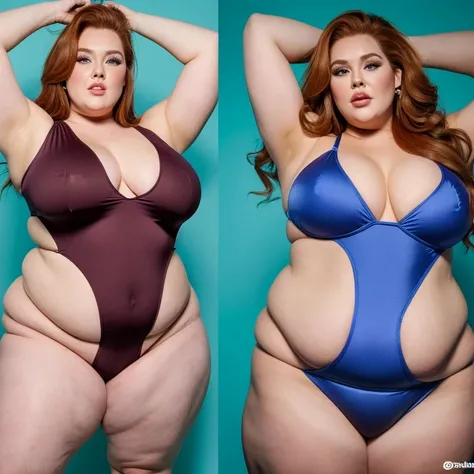 Two photos of a womans diet before and after, a womans diet before has a huge belly and is covered with a lot of fat all over her body, she is as fat as Tess Holliday, a top SSBBW model, a blonde with a beautiful face is wearing a swimsuit and has a very l...