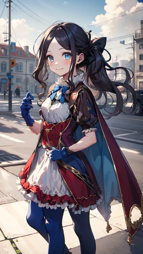 masterpiece, highest quality, High resolution, Da Vinci, ponytail, Hair Bow, Parted bangs, Small breasts, Blue ribbon, Single gauntlet, Cape, Red Skirt, Puff short sleeves, Blue gloves, Blue Pantyhose, Cowboy Shot, Are standing, Outdoor, smile,