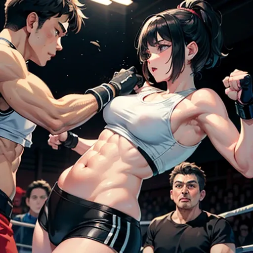 A beautiful muscular heavyweight female fighter with six-pack abs punches the poor belly of a Japanese high school girl with short cut black hair and poor body. Mixed martial arts gym ring. Tank top, spats, open finger gloves.