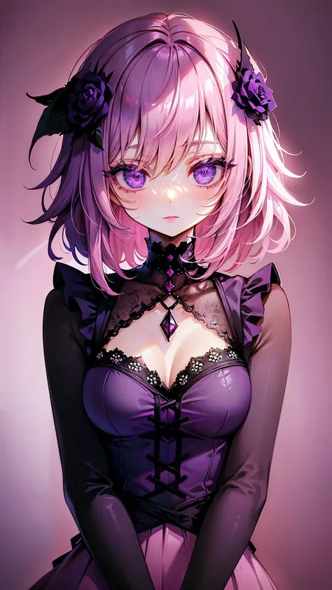 masterpiece, best quality, woman, (short-medium pink messy hair), empty dark purple eyes, purple lipstick, gothic clothes