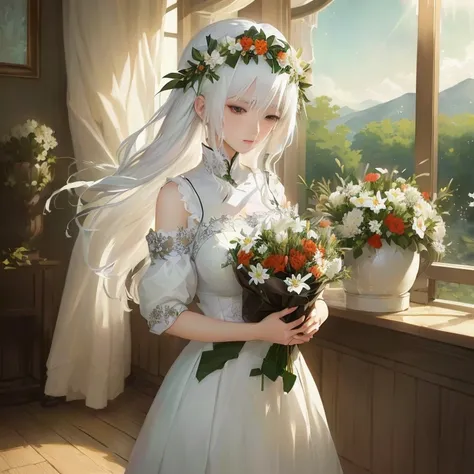 anime girl in white dress holding a bouquet of flowers, white haired deity, girl with white hair,  in dress, white haired lady, guweiz on pixiv artstation, guweiz on artstation pixiv, perfect white haired girl, beautiful maiden, with flowers, painted in an...