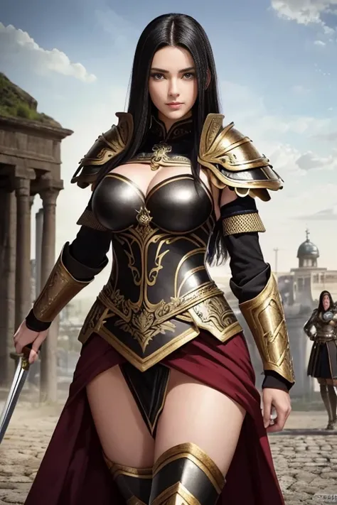 german women, catholic, black hair, perfect face, detailed face, warriors roman, using sexy armor , soft lesbians, sexy, full body