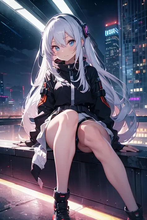 cyber punk　Colorful night view　Beautiful girl with super long white hair　Rooftop　Sitting　Whites of the eye