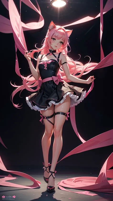 (high resolution, full body, soft skin:1.2),(best illustration,masterpiece:1.2),ultra-detailed,[(cat ears ,pink inside:1.2),vivid colors,sharp focus,portrait,studio lighting,bokeh, wearing a Black Princess Bow Sling Dress, spotlight background 