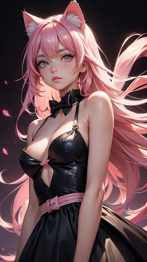 (high resolution, upper body, soft skin:1.2),(best illustration,masterpiece:1.2),ultra-detailed,[(cat ears ,pink inside:1.2),vivid colors,sharp focus,portrait,studio lighting,bokeh, wearing a Black Princess Bow Sling Dress, spotlight background, from below...