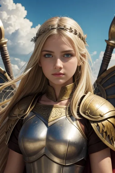 teen girl, roman warrior, princess blade , 14 years old, teenager girl,, small breasts, mini cropped, valkyrian princess ,blonde, detailed face, beautiful, confiant, background in uk land with flowers
