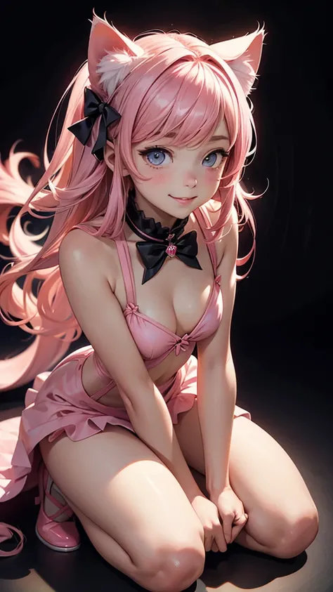 (high resolution, full body, soft skin:1.2),(best illustration,masterpiece:1.2),ultra-detailed,[(cat ears ,pink inside:1.2),vivid colors,sharp focus,portrait,studio lighting,bokeh, wearing a Black Princess Bow Sling Dress, spotlight background, kneeling, s...