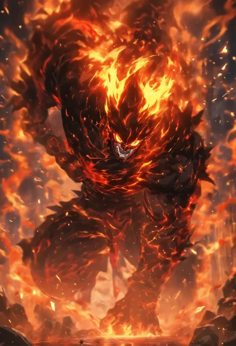 ((masterpiece, best quality, Highest image quality, high resolution, Reality, original photo, 8k)), ((Extremely detailed CG unified 8k wallpaper)), Demon statue made of black rock, Lava Demon, Spark Dance, Flames burst out from the torn body, Flame in the ...