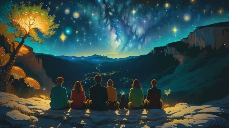 a painting of a group of people sitting on a rock looking at the stars, james r. eads, collective consciousness, sitting on the cosmic cloudscape, magical realism painting, its a deep dream, looking out into the cosmos, watching the stars, painting of a dr...