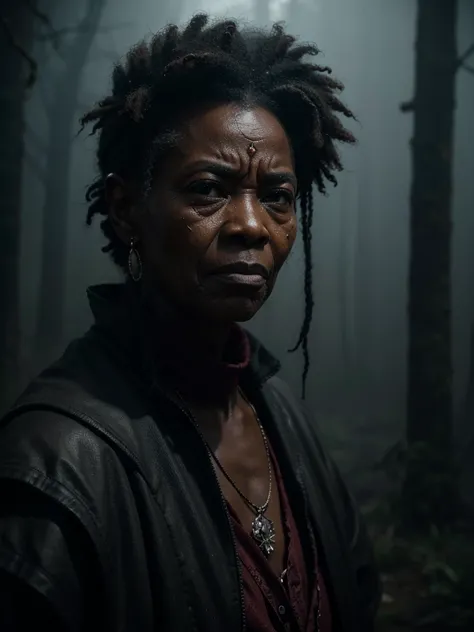 A highly detailed and hyper-realistic depiction of a disgusted old black skin queen with scars and wrinkles on her face. The character is surrounded by mist, evoking a mysterious and eerie atmosphere. The lighting is dark and atmospheric, with a red smoke ...