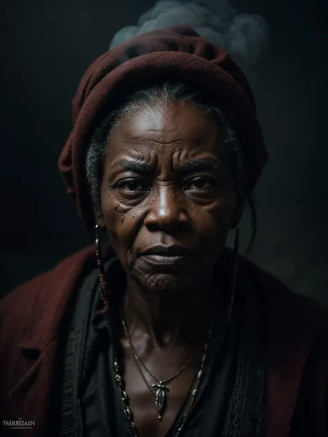 A highly detailed and hyper-realistic depiction of a disgusted old black skin queen with scars and wrinkles on her face. The character is surrounded by mist, evoking a mysterious and eerie atmosphere. The lighting is dark and atmospheric, with a red smoke ...