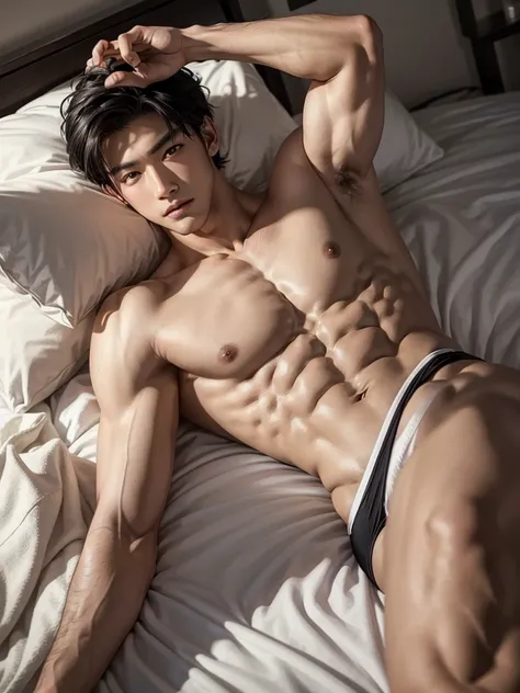 Masterpiece, Best Quality, Solo, Asian Model Men, muscular, white skin, smooth underarm, bedroom background, lying on the bed, good lighting, Natural eyes, Short and delicate black hair, Sexy Man, looking at the viewer, shirtless, sexy bikini, Small plots,...