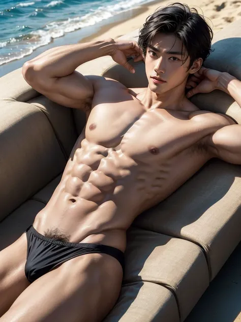 Masterpiece, Best Quality, Solo, Asian Actor Men, muscular, white skin, smooth underarm, beach background, lying, good lighting, Natural eyes, Short and delicate black hair, Sexy Man, looking at the viewer, shirtless, sexy bikini, Small plots, Muscular pos...