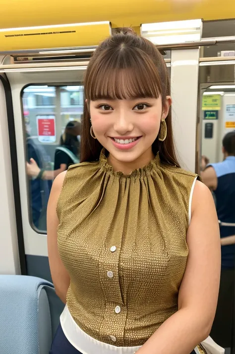 masterpiece,ultra detailed,4k,(sleeveless blouse:1.3),(look at viewer),thick arms,pov,close up,(from above),thick arms,pov,frontshot,gyaru,gal,grinning,27 years old,(tanned skin:1.3),standing in train,(crowded train),curvy adult females,