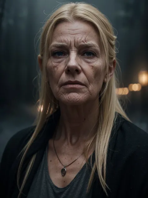 A highly detailed and hyper-realistic depiction of a disgusted old red skin blonde woman with scars and wrinkles on her face. The character is surrounded by mist, evoking a mysterious and eerie atmosphere. The lighting is dark and atmospheric, with a red s...