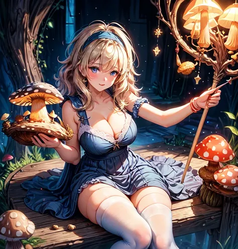 a beautiful 20 year old blonde woman with big messy hair in a blue dress, white stockings, black headband, cleavage, holding a glowing mushroom, fantasy art style, highest quality, masterpiece, 8k, 超A high resolution, beautiful face, 