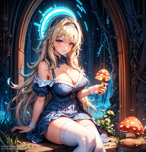 a beautiful 20 year old blonde woman with big messy hair in a blue dress, white stockings, black headband, cleavage, holding a glowing mushroom, fantasy art style, highest quality, masterpiece, 8k, 超A high resolution, beautiful face, 