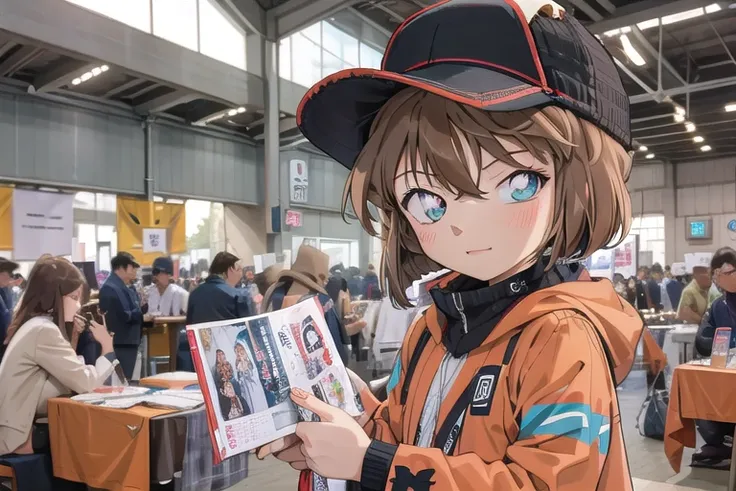 UHD, super detail, 1 Girl,10 years old, (Haibara ai) ,Brown Hair, Shortcuts, hat, mask,  (((comiket))), table, chair, book, indoors, photo background, indoors, wide shot, bustle, salesperson