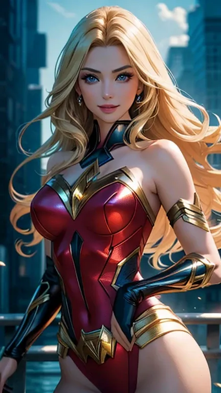 (best quality,ultra-detailed,photo-realistic:1.37),bright and vibrant colors,studio lighting,playful expression,stylish makeup,long blonde hair flowing in the wind,alluring eyes,glossy lips,sexy pose, DC Justice League, Headquarter, smiling in a confident ...