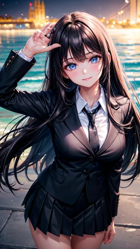 (best quality:1.3), (Complete details:1.5) , (Eye details:1.2), (Shadow details:1.2), (sharpness:4k), one young woman, College Girl, Very big breasts, Cup Bust:H, Student uniform, black short skirt, white shirt, Revealing the chest groove, bright blue eyes...