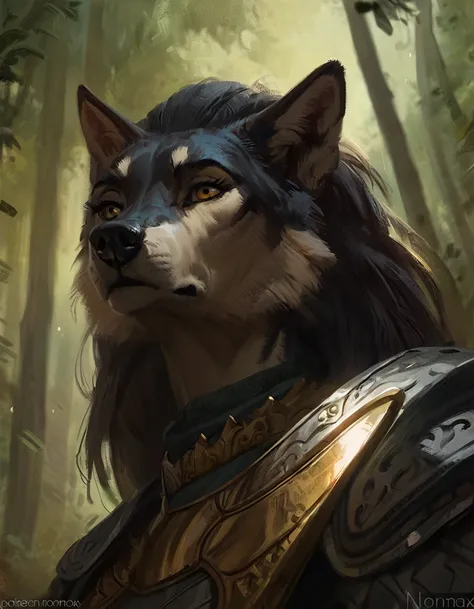 Female anthro wolf, hi res, masterpiece, absurd res, 2023, extreme detail, by nomax, strong yellow eyes, paladin, knight, forest