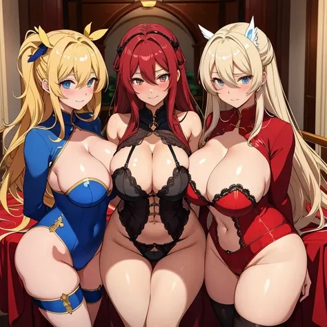 Three female manga characters with extremely large breasts and massive hips, they have very embarrassed faces with open mouths. They are in sexy outfits, moulding to their curves. They are sweating profusely and their cheeks are red. They lie on a bed in a...