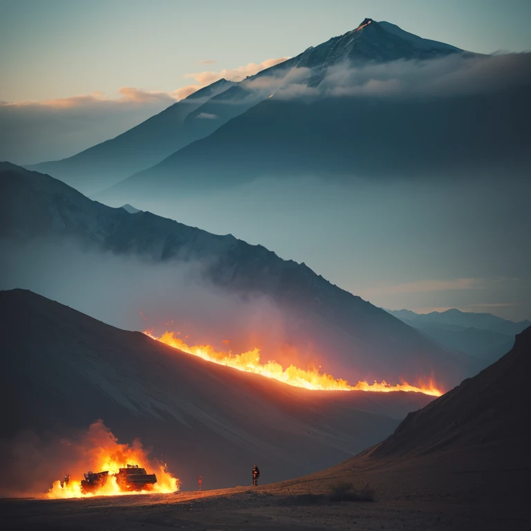 Burning tank, mountains, cinematic, realistically, Double exposure, фотоrealisticallyсть