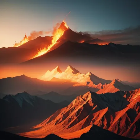 Burning mountains, cinematic, realistically, Double exposure, photorealistically