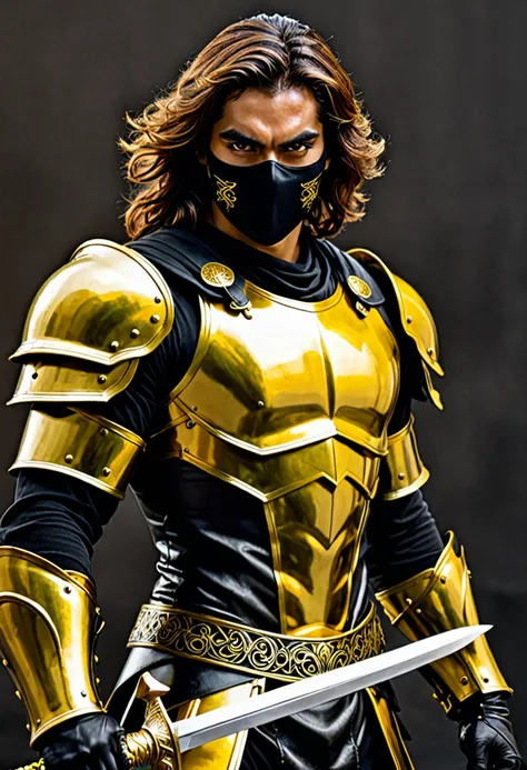 una feroz guerrera con pelo largo y oscuro, ojos amarillos, yellow and black armor that accentuates his muscular form, face framed by a black mask, wielding a double edged sword, con un fondo negro que realza el contraste de sus colores