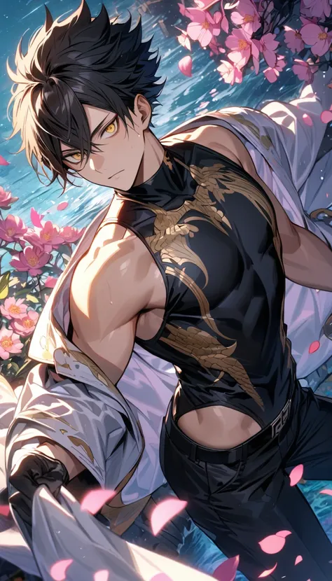 Ultra detailed, Highres, absurdres, HDR, Kuroo Tetsurou, black hair, hair between the eyes, golden eyes, white long coat with patterns, Haikyuu, pink flowers, petals, extremely handsome, sexy man, toned chest, solo, very detailed eyes and face, black glove...