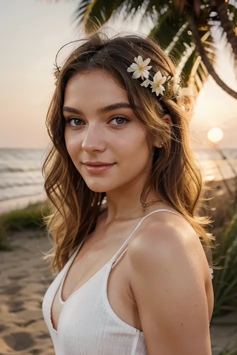 Location: Malerischer Strand bei Sonnenuntergang, Outfit: Leichtes Sommerkleid oder Tanktop und Shorts, Make-up und Haare: Natural make-up with soft lips and loose waves, Beleuchtung: Warmes Abendlicht am Strand, Posing: Smiling pose with gentle look direc...