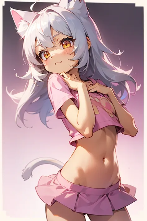 1girl, silver hair, golden eyes with pupils, ((skinny)), ((petite)), short, small, ((neko)), (cropped solid pastel pink tshirt), long hair, short skirt, (((kid))), cat ears, happy, blush, flat chest, midriff, at school, tummy