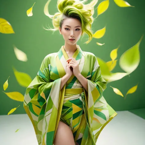 Elf female, feminine look, sexy hair, green outfit, leaves around body, swirling air movement, wide angle, full body view, loose fabric, geometric shapes, small breasts, lime pattern kimono, brushstrokes yellow, up-do hair, Bauhaus, geometric shapes