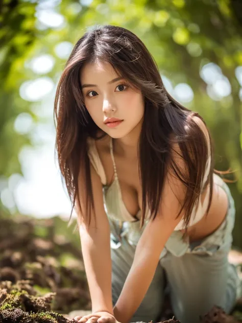 an ultra hot girl from NetherlAds, long (waist length hair :1.2) Combed chestnut hair, ((macro lens)), full body waist up pose , upper knees pose , bright atmosphere, ((concentrated on the eyes)), Women&#39;s expressions, The image looks straight into the ...