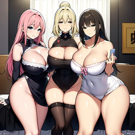 Three manga characters with unusually large breasts and voluptuous hips blush fiercely, their mouths agape in embarrassment. They are clad in tempting, form-fitting outfits that hug their curves closely, causing beads of sweat to form on their brows. The r...