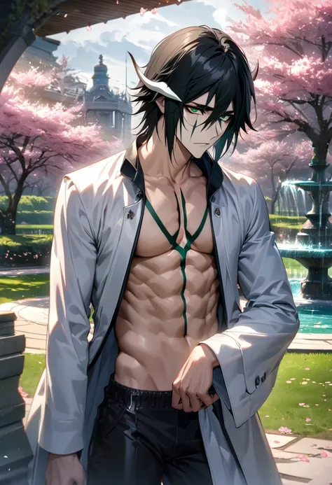 absurdres, highres, ultra detailed, HDR, master piece, best quality, extremely detailed face and eyes, Ulquiorra Cifer, black hair, hair between the eyes, expressive green eyes, Bleach, white horns, solo, sexy man, toned chest, handsome, white coat, black ...