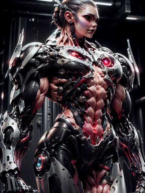 (1 girl), (cara delevingne), (muscular android girl wearing a black anatomic cybernetic muscle suit:1.25), (wide shoulders:1.25)...