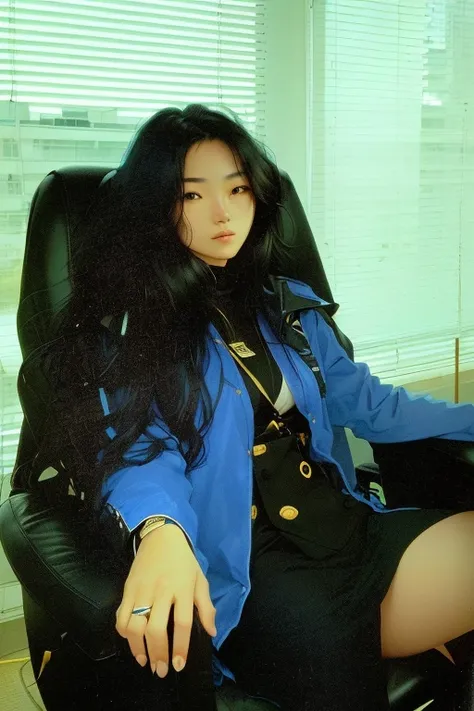 there is a woman sitting in a chair, Japanese, 23yo, long wavy black hair, with a blue jacket, full color, nude under a blue jacket, wearing only a blue jacket, 1990s color photo, sitting in a black leather chair, green venetian blinds in background, city ...