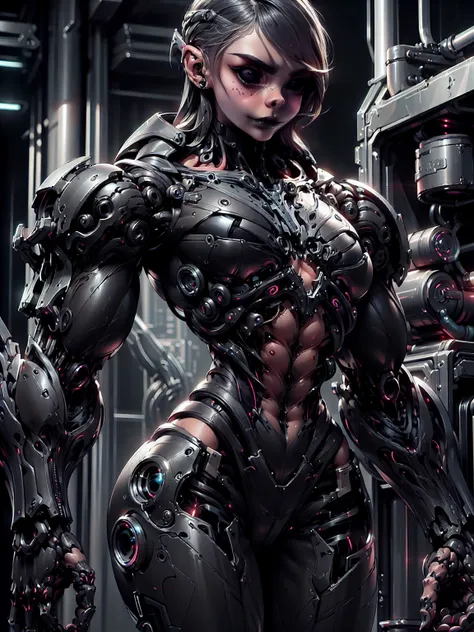 (1 girl), (cara delevingne), (muscular android girl wearing a black anatomic cybernetic muscle suit:1.25), (wide shoulders:1.25)...