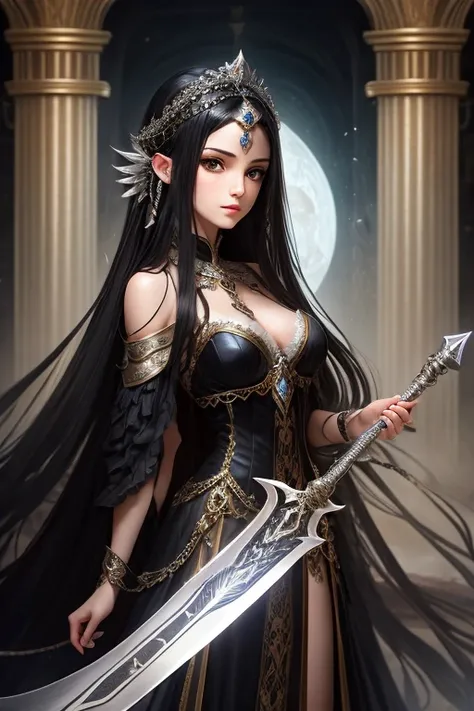 Fantasy universe sorceress Italian girl, very long loose black hair, fantasy dress, silver dagger