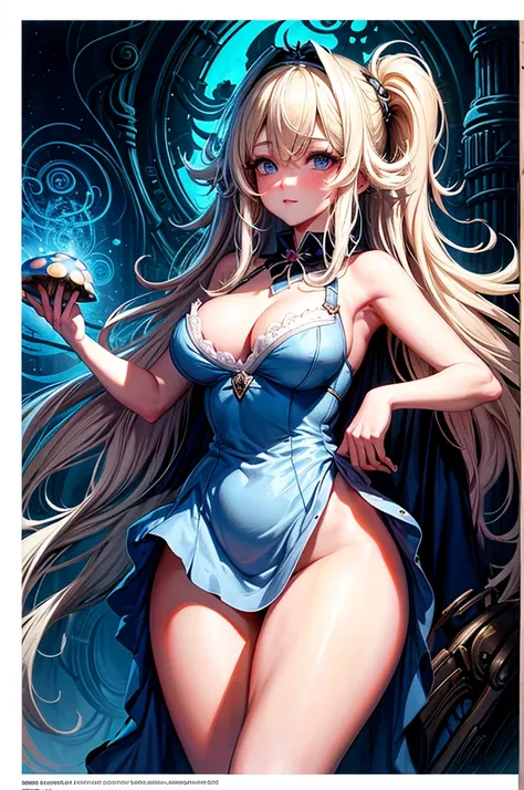 a beautiful 20 year old blonde woman with big messy hair in a blue dress, white stockings, black headband, cleavage, holding a glowing mushroom, fantasy art style, rossdraws cartoon vibrant, alice x. zhang, alice in wonderland cyberpunk, cute detailed digi...