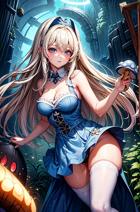 a beautiful 20 year old blonde woman with big messy hair in a blue dress, white stockings, black headband, cleavage, holding a glowing mushroom, fantasy art style, rossdraws cartoon vibrant, alice x. zhang, alice in wonderland cyberpunk, cute detailed digi...