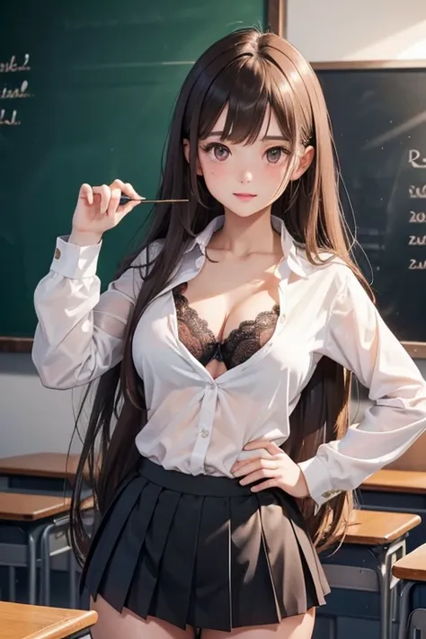 Italian girl, very long loose brown hair, super gigantic breasts, unbuttoned white shirt, shava collar, pleated black miniskirt, black lace bra in the classroom in front of the blackboard, next to the professor who points to her with a wand