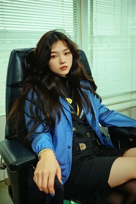 there is a woman, Japanese, 23yo, sitting in a chair with a blue jacket, basia tran, full colour, wearing blue jacket, wearing a blue jacket, album art, cynthwave, girl in suit, in style of kar wai wong, 90s color photo, as fashion editorial 90s, wearing b...