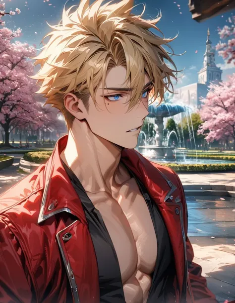 absurdres, highres, ultra detailed, HDR, master piece, best quality, extremely detailed face and eyes, Vash Stampede, blonde hair, expressive blue eyes, Trigun, mole under the right eye, solo, sexy man, toned chest, handsome, red coat, black tight shirt, p...