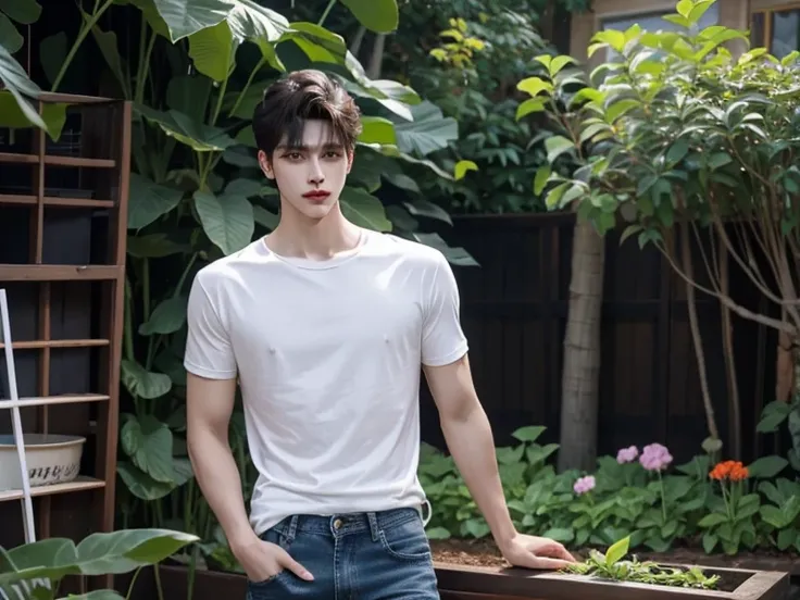 A boy wears a short-sleeved T-shirt, a handsome face, a perfect face, fierce eyes, short hair, white skin, long slender legs, wearing long jeans, gardening.